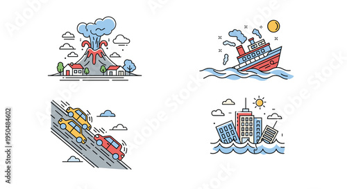 Set of linear icons illustrating different natural disasters including volcano eruption, shipwreck, landslide, and flood.