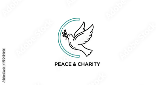 Symbolic linear icon of a flying white dove carrying a small olive branch with the text peace and charity written below.