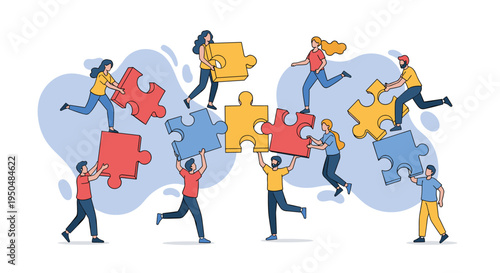 Large collaborative group of people working together to connect giant colorful jigsaw puzzle pieces in a dynamic scene.