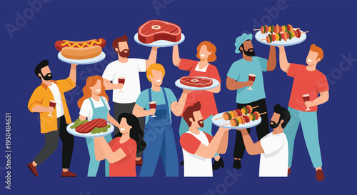 Cheerful group of friends celebrating at a barbecue party while holding up plates of grilled food and drinks.