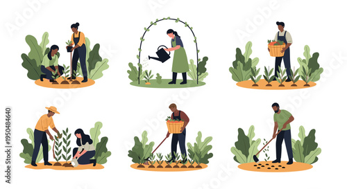 Group of diverse individuals engaged in various organic gardening tasks like planting, watering, and harvesting.