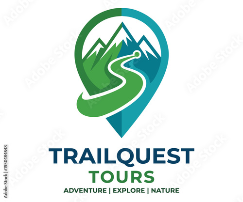 Adventure tour company logo featuring a mountain peak combined with a location pin and curved road path. Minimal modern flat vector design ideal for tour companies, travel agencies .
