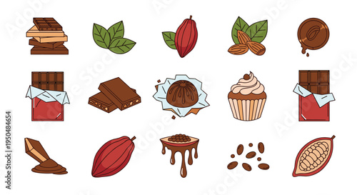 Detailed set of chocolate and cocoa related icons featuring candies, bars, pods, and ingredients in flat style.