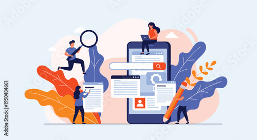 Team of professional users conducting online searches and managing digital information on a giant smartphone interface.