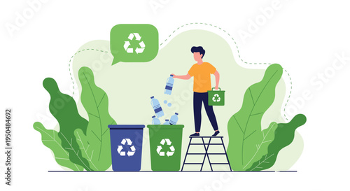 Responsible and eco-conscious man sorting and throwing plastic bottles into a green recycling bin to protect the environment.