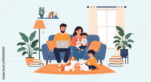 Warm family portrait of parents and children relaxing together on a sofa with their pet dogs in a cozy living room.