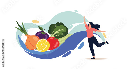 Healthy lifestyle concept shows a happy woman jumping with joy next to a variety of fresh vegetables like peppers, onions, and leafy greens.
