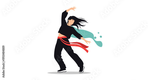 Talented female dancer in black athletic wear performs a dynamic and expressive contemporary dance move with a flowing teal abstract element.