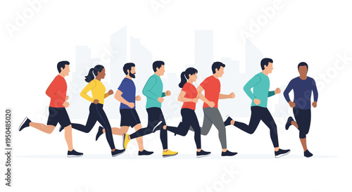 Diverse group of people in athletic wear runs together through a city street with a skyline in the background during a morning workout or race.