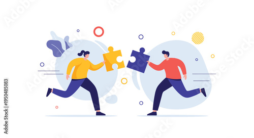 Two business people run towards each other to connect large puzzle pieces in a conceptual illustration about teamwork, partnership, and logic.