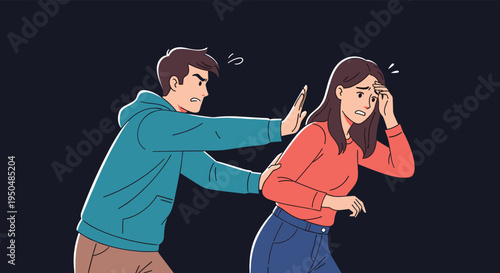 Aggressive man confronts a distressed woman who is trying to move away in a powerful illustration depicting conflict or domestic harassment.