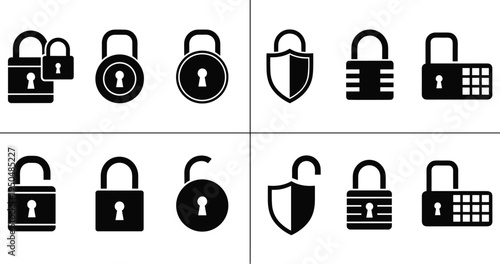 Collection of twelve black silhouette icons showing padlocks and shields in locked and unlocked states representing cybersecurity, data protection, privacy, and secure access concepts