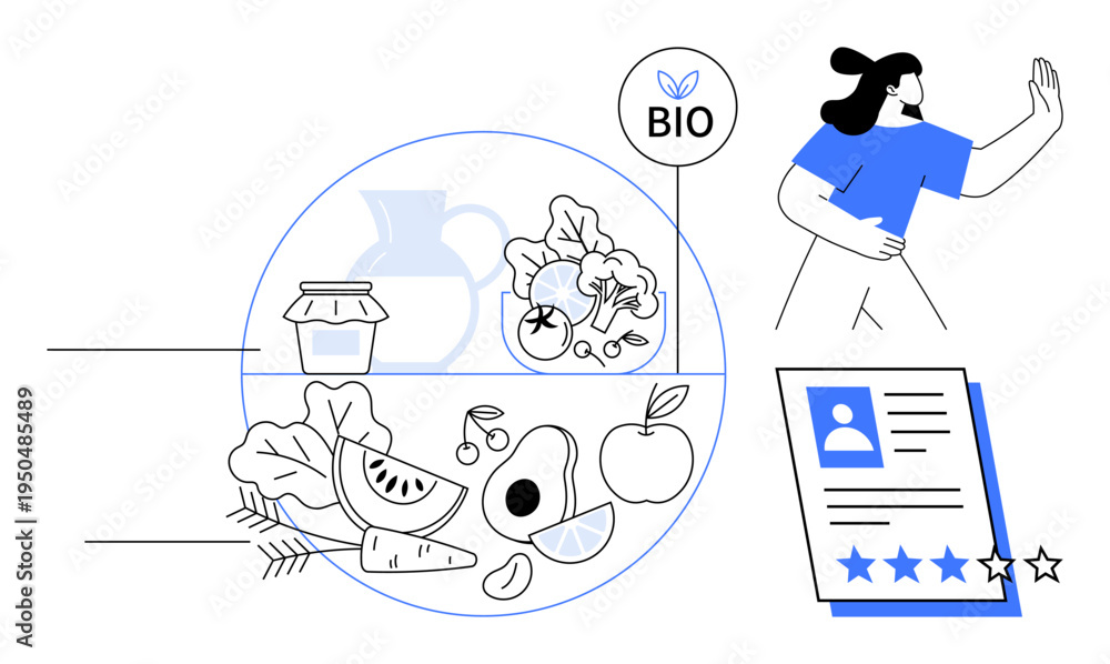 Fototapeta premium Assortment of organic fruits, vegetables, and products, framed by a bio badge. Consumer in motion evaluating food and quality rating. Ideal for sustainability, nutrition, organic lifestyle