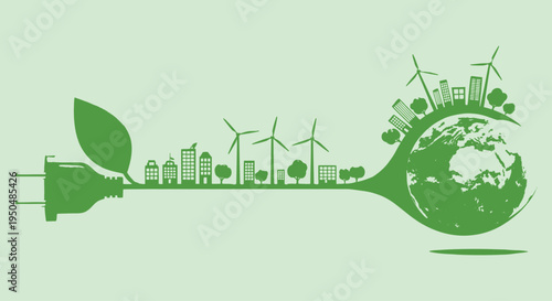 Green energy concept vector illustration showing a power plug connected to a leaf, evolving into a cityscape with wind turbines and buildings, culminating in a sustainable Earth globe