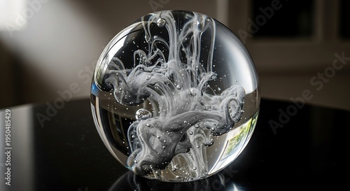 Clear glass sphere captures swirling white smoke pattern suspended within its center