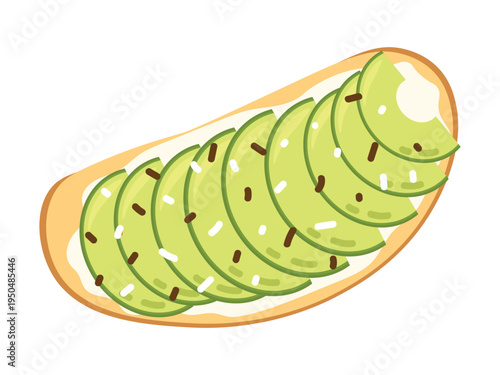 Avocado toast with sliced avocado pieces on bread topped with seasoning healthy breakfast food flat vector illustration isolated on light background
