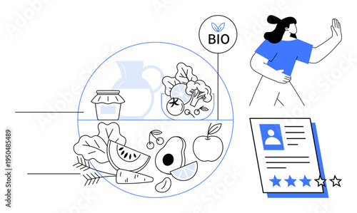 Assortment of organic fruits, vegetables, and products, framed by a bio badge. Consumer in motion evaluating food and quality rating. Ideal for sustainability, nutrition, organic lifestyle