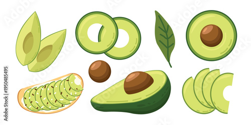 Avocado fruit vector set with halves slices seed leaf and avocado toast isolated healthy food illustration