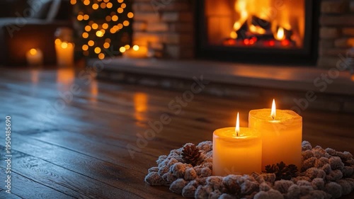 Cozy fireplace scene with two candles lit, ideal for winter or holiday themes