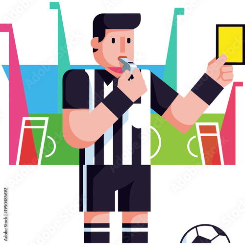 Soccer referee showing yellow card to player on green stadium field