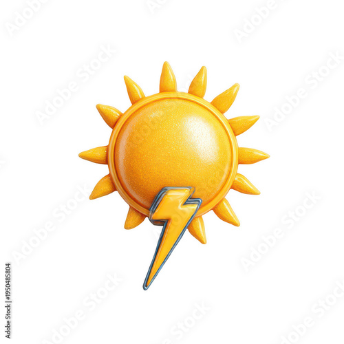 Bright yellow sun with silver lightning bolt isolated on a transparent background