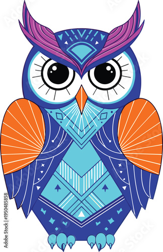 Colorful abstract owl illustration with geometric patterns, vibrant artistic design, modern decorative animal artwork, creative symmetrical composition, unique stylized bir