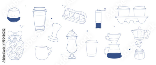 Coffee and cafe objects line art set with cups, takeaway coffee, moka pot, cookies jar, grinder and dessert drink. Minimal vector collection for cafe menu, branding and packaging.