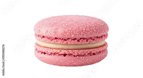A pink macaron with white speckles and cream filling isolated on transparent background