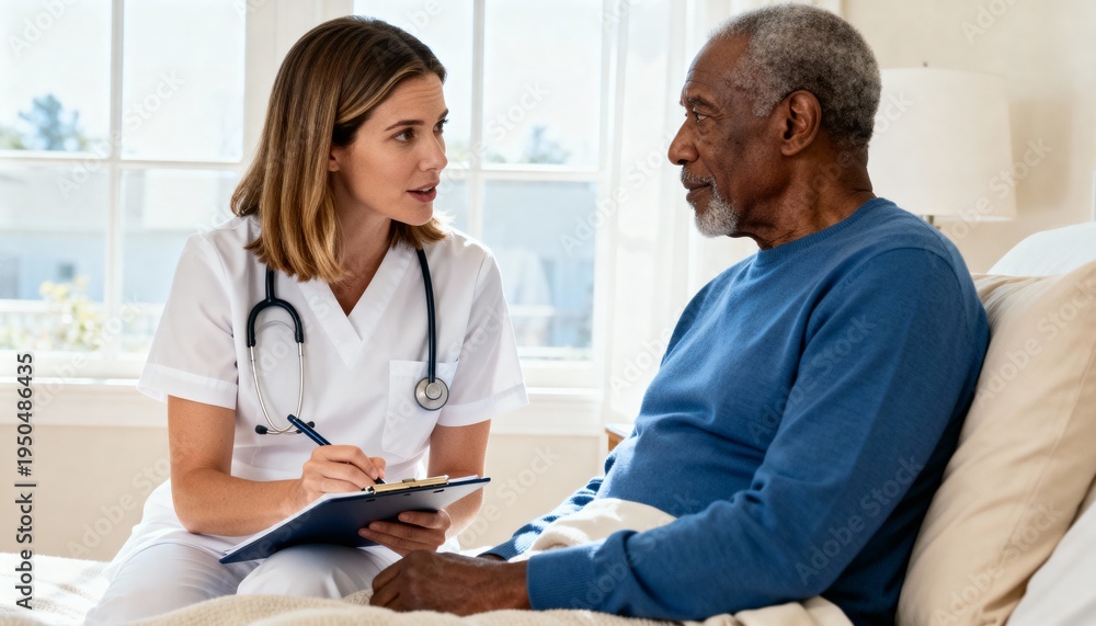 Fototapeta premium Female nurse talking to a senior male patient during a home visit. Caregiver with a clipboard consulting an elderly African American man in bed