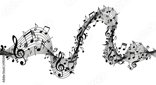 Abstract musical notes flowing across white background design element