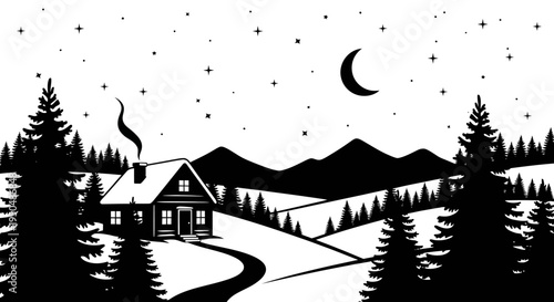 Winter landscape scene with cabin in the mountains under starry sky