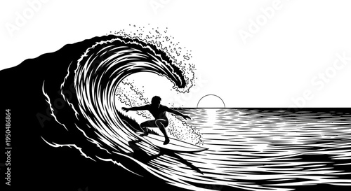 Surfer riding wave silhouette illustration sunlight ocean sport activity