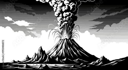 Volcanic eruption illustration dramatic black and white landscape