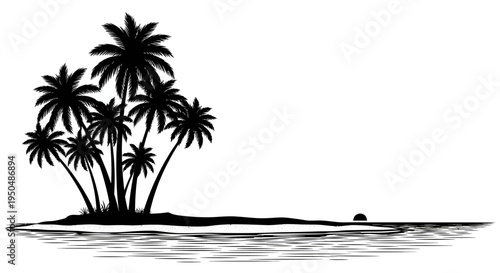 Silhouette of tropical island with palm trees and ocean for designs