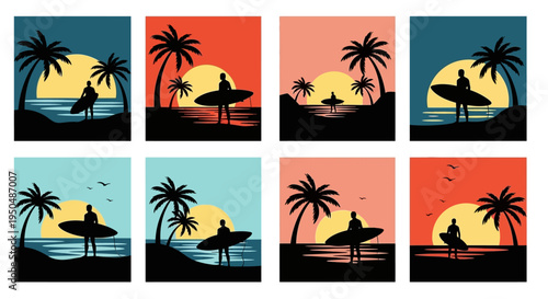Tropical beach scenes with surfers and sunsets on transparent background silhouette