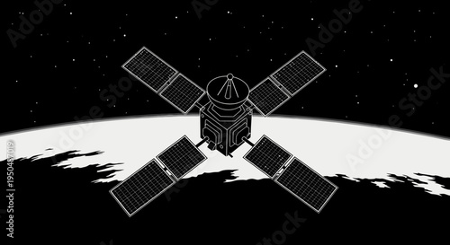 Satellite orbiting planet against starry background illustration