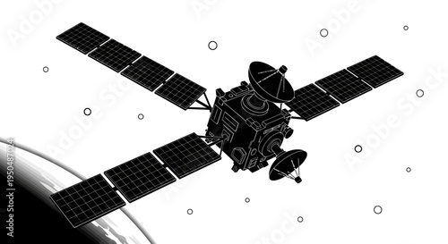 Satellite in space black and white illustration with solar panels