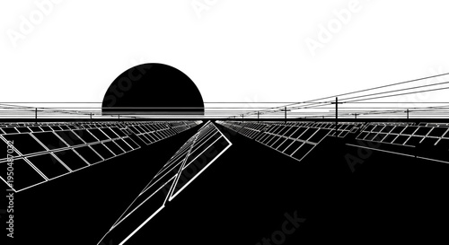 Solar panel array with horizon sun silhouette clean energy concept