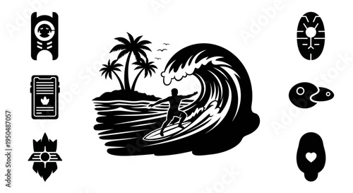 Tropical surf scene with island motifs and a silhouetted surfer on transparent background