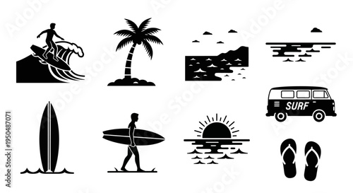 Black and white surf elements with palm trees on transparent background silhouette