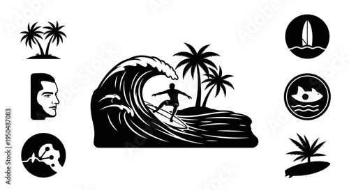 Tropical surfing scene with wave palm trees and a surfer silhouette on transparent background