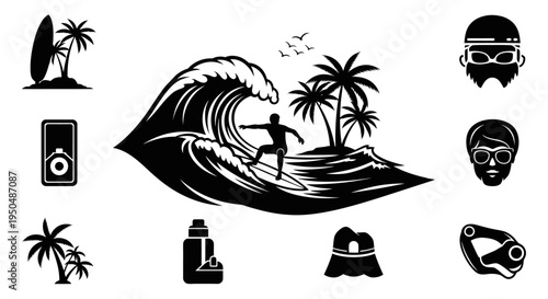 Black and white surf elements with a tropical vibe on transparent background silhouette