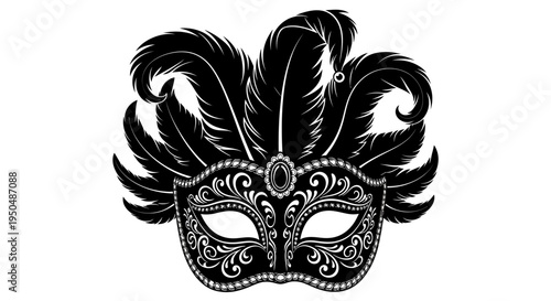 Elegant black and white mask illustration with feathers and ornamentation
