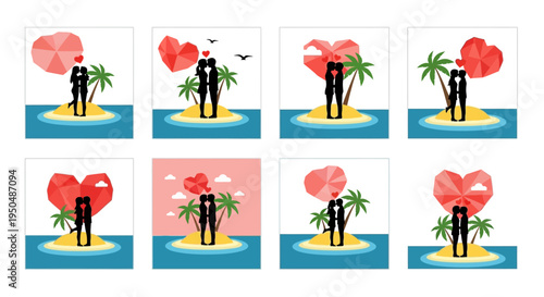 Romantic couple silhouettes on tropical islands with hearts on transparent background