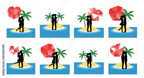 Romantic couple with heart umbrella on island four variations on transparent background silhouette