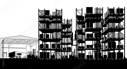 Warehouse with storage racks and loading dock in silhouette style