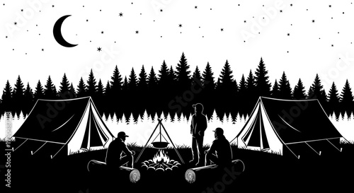 Camping scene at night with tents campfire and silhouetted figures
