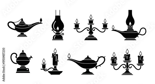 Vintage oil lamps and candle holders collection on transparent background silhouette