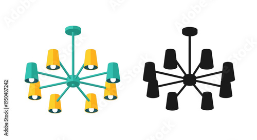 Two modern chandeliers one colorful and one black on transparent background silhouette