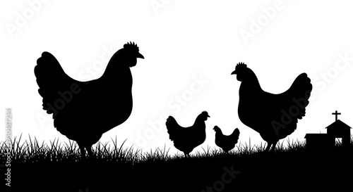 Silhouetted chickens and structure against white background